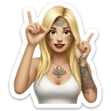 Blonde elegant women with LONG HAIR, her Body Covered with Tattoos, POINTING YOU FORWARD with her HAND with INDEX FINGER, Hyper realistic sticker