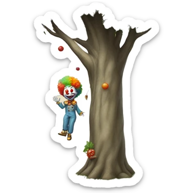 a clown levitating half a meter beside a tree sticker