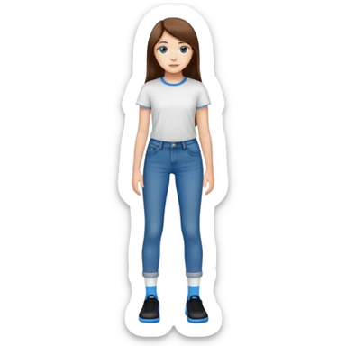 Cute 16 year old white girl that has long straight brown hair wearing a white T shirt as well as long tight blue jeans with brown eyes, and her wearing black socks and blue shoes sticker