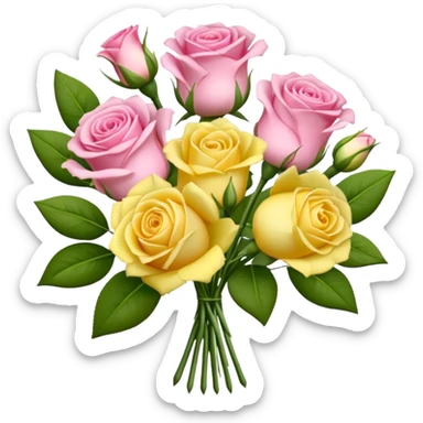 A mixed bouquet of four flowers, featuring pink roses and yellow lisianthus. sticker