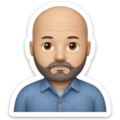Mid-30s Bald chubby professional man with bushy black and grey beard, wearing a button down shirt sticker