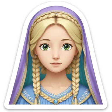 Joven de unos 30 años, de aspecto dulce y elegante.
Piel clara, ojos (pueden ser azules o verdes)
Rubio o castaño claro, largo, con trenzas o velo.
Vestido largo de tonos suaves (blanco, azul o lavanda), con bordados dorados; un manto o toca fina cubriendo la cabeza. Haz todo el cuerpo. sticker