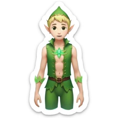 elf male wading in shallow tide pool, palm emitting soft green light to heal glowing coral, practical open vest over bare chest, determined gaze, pointy ears, vibrant underwater plants, centered emoji, nature guardian summer sticker