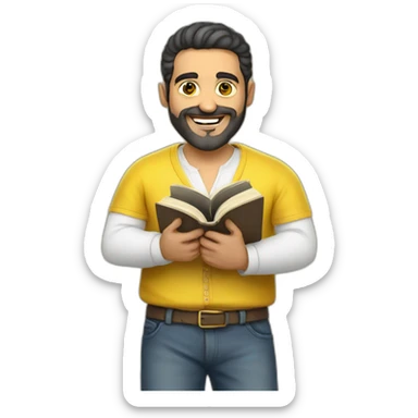 Armenian men with the yellow clothes reading book and looking at camera and smiling  sticker