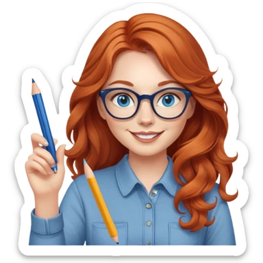 redheaded woman with long wavy hair, blue eyes, cat-eye glasses, casual outfit, holding a pencil, smiling, waving sticker