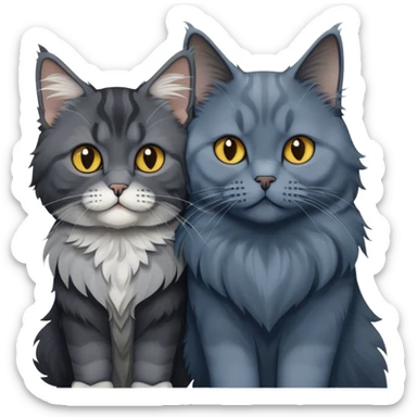 Portrait of a black smoke Maine Coon cat with long grey ear tufts, alongside a British Shorthair cat with a solid blue coat. Both cats with detailed fur textures and playful expressions. Soft, elegant background ща room with warm, natural tones. Transparent background. sticker