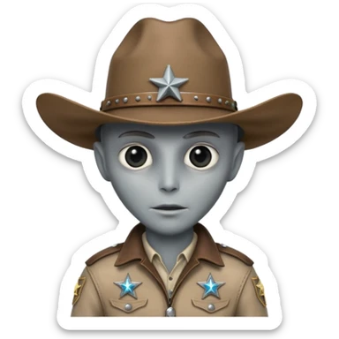 Close-up portrait of a classic grey alien cowboy, large black eyes, smooth pale skin, wearing a worn leather cowboy hat and futuristic sheriff badge, dramatic side lighting, shallow depth of field, ultra detailed skin texture, cinematic western sci-fi style
 sticker