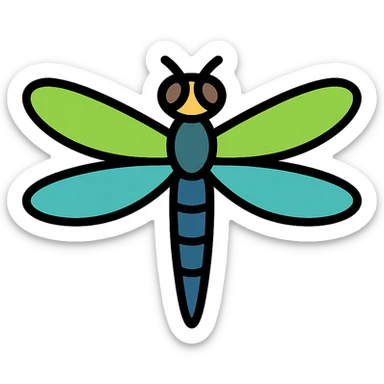 realistic dragonfly with bright green and blue wings, color outline icon style sticker