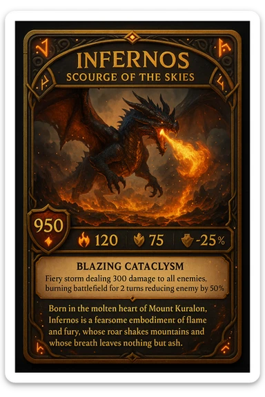 Make an epic role-playing card featuring a legendary fire-breathing dragon named Infernos, Scourge of the Skies. The card should display its stats: 950 HP, 120 fire power, and 75 armor that reduces physical damage by 25%. Highlight its special ability, Blazing Cataclysm—a fiery storm that deals 300 damage to all enemies and burns the battlefield for 2 turns, reducing enemy healing by 50%. The design should be ornate and collectible, with glowing ember accents, ancient dragon runes, and a dramatic illustration of Infernos flying over a scorched battlefield with molten lava and smoke. Add a lore-rich description: “Born in the molten heart of Mount Kuralon, Infernos is a fearsome embodiment of flame and fury, whose roar shakes mountains and whose breath leaves nothing but ash sticker