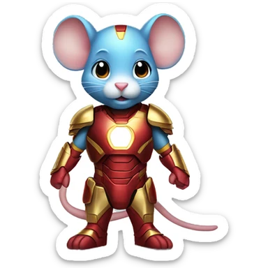 A cute mouse wearing an Iron Man suit with red and gold armor, glowing blue accents, and a confident pose. sticker