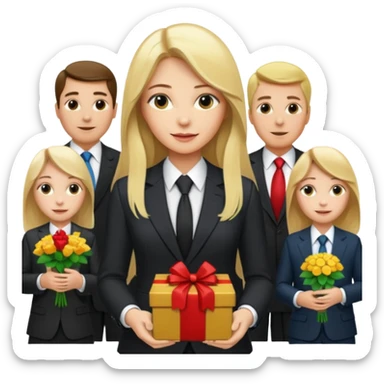 "Young blonde woman with long hair in the center, rich businessmen in suits around her, giving gifts, money, and flowers." sticker