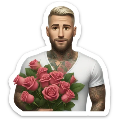 Hyper Realistic handsome tattooed man holding a bouquet of roses sticker