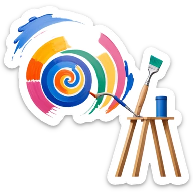 Create an icon that represents the hobby of wall painting, featuring a wall with a beautiful painting in progress. The design should include a paintbrush, a roller, and part of the wall decorated with colorful patterns or a mural. The icon should show the process of creating the artwork, with the brush strokes visible on the wall, symbolizing the artistic nature of the craft. The composition should be balanced and harmonious, evoking creativity and skill. The background should be transparent. sticker