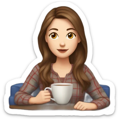 white girl with brown hair drinks tea wrapped in a plaid watching a TV series sticker