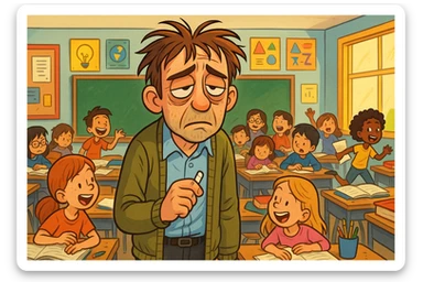 digital cartoon art of a exhausted teacher in a bustling classroom sticker