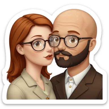 Couple. Bald man with dark brown-black beard. White woman with many small, faded freckles, she has white skin and she has auburn-brown-cinnamon, dark long hair. She has light brown eyes. The man have hazel eyes and glasses. Retro style. She kisses him. sticker