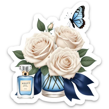 A bouquet of pale blue Ascott tea roses next to a navy aesthetic and a blue beautiful butterfly and a navy silk ribbon and a beautiful flacon of aesthetically pleasing vintage-style perfume in pearl color sticker