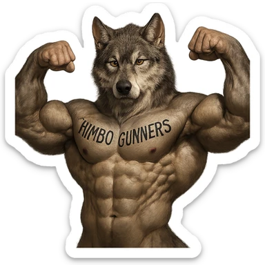 hyper-realistic, extremely muscular wolf furry, shirtless, 'Himbo Gunners' tattoo across chest, flexing, focused and strong sticker