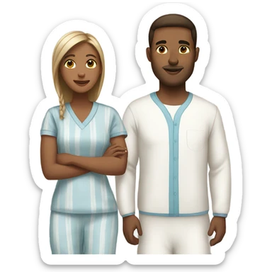 White man and brown-skinned woman in matching pajamas sticker