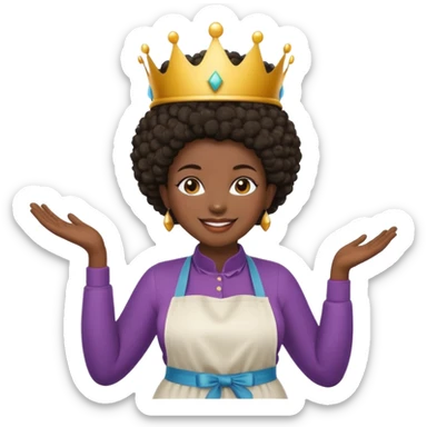 Mujer curvy afro, con vestimenta cómoda y delantal,con una corona sobre su cabeza y sonrisa contagiosa.  sticker