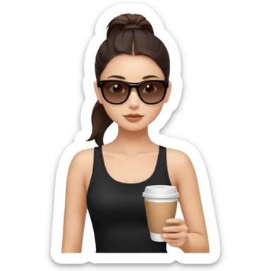 generate a pretty fair bratz girl with dark brown eyes, dark brown eyes tied into a slick back ponytail, thin brown sunglasses. Wearing a black cami top and drinking coffee, high cheekbones sticker