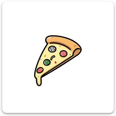 a slice of pizza with toppings in pastel colors dd9fb0, ffc6d3, a3bfc9, c4bee2, f1b091, hand-drawn doodle style sticker