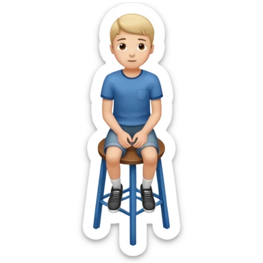 Generate a photorealistic image of a boy sitting on a stool. The scene is captured from a top-down perspective (bird's-eye view), looking directly down from above his head towards his feet. The background should be simple and clean. sticker