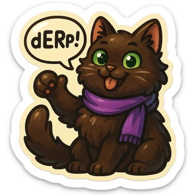 Fluffy cute playful silly smiling happy dark-brown cat with green eyes and a purple scarf saying ‘dErP~!’ (With a speech bubble) sticker