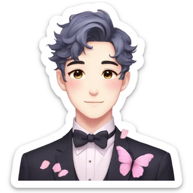 Gorgeous pastel anime style gentleman with blushing face and butterflies aesthetic trending style sticker