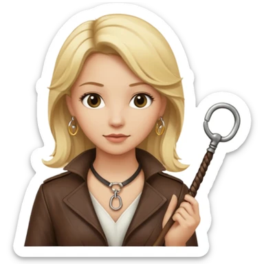 Dominatrix with blonde hair, key necklace, and a whip sticker