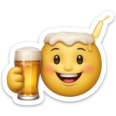 it should be a laughing emoji pointing forward and crying with laughter with a glass of beer in his other hand sticker