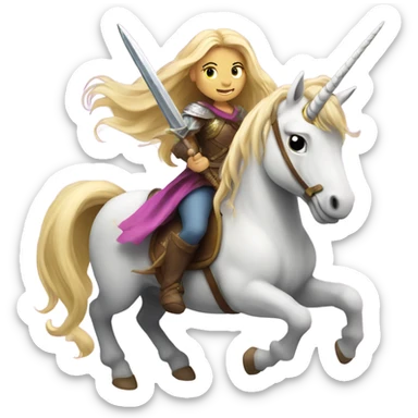 Blonde girl with long hair riding a unicorn and holding a sword  sticker