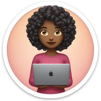 girl with long curly dark hair, with a laptop in her hands and hearts behind her back sticker