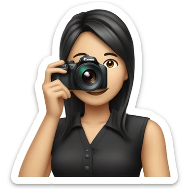 A woman of Asian descent, with bangs and her hair tied back, dressed in black, is taking a photo with a Canon camera with smile face sticker