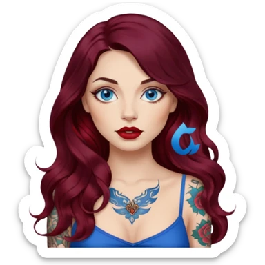 Female long wavy dark burgundy hair, blue eyes, large red lips, tattooed, digital and graphic artist  sticker
