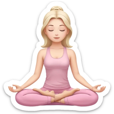 white woman with serene face meditating in lotus position, eyes closed, wearing light pink yoga clothing sticker