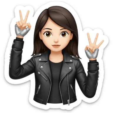 Fair skin long dark brown hair wearing a leather metal jacket girl doing the Rock n roll sign holding a large blank sign sticker