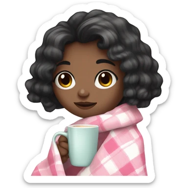 A cute black hair girl wrapped in pastel pink plaid blanket drinking coffee sticker
