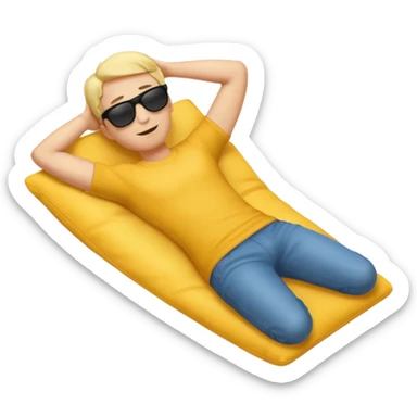 A full-body emoji man, with classic yellow skin tone, lying down or leaning back in a relaxed pose. He is wearing sunglasses and has both arms behind his head. The style should match standard emoji designs (like Apple sticker