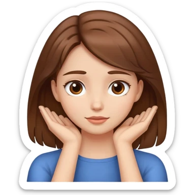 Girl with brown hair with her hands around her neck herself out. sticker