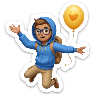 Gus from Brawl Stars, jumping with joy, balloon floating, round glasses, blue hoodie sticker