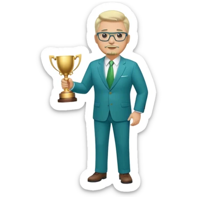 Full Body white middle aged male plus size wearing glasses with a goatee with light blonde and gray very short hair basketball head Coach in blue and green suit holding trophy sticker