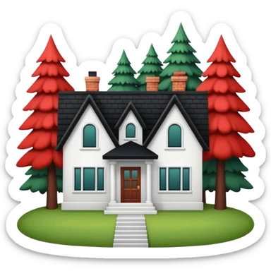 a one-story house with a forest background. The house is to have a white façade with red brick inserts.  the roof is to be black, gable. sticker