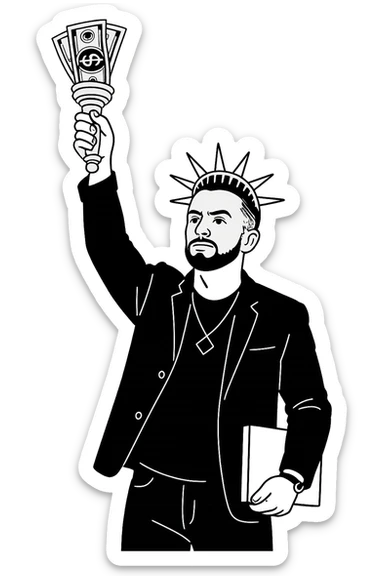 Используя такую стилистику как на картинках сгенерируй героя с фотографии, который в том же костюме стоит в позе Статуи Свободы держит в руках факел, где вместо пламя купюры, прозрачный фон sticker