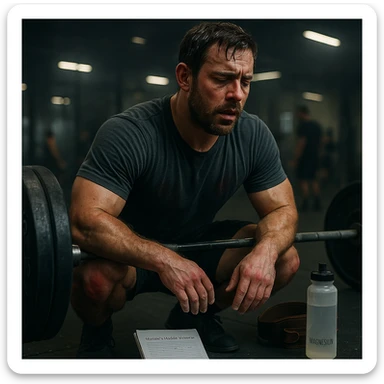 Inspired by the provided image, depict an athletic approximately 30-year-old man doing a heavy deadlift, abundant sweat, hands with chalk, diary nearby, dark circles and redness on joints. On the floor: water bottle, magnesium, belt. Background: blurred gym with cold lighting. Cinematic realism. sticker