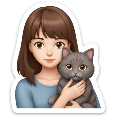 a girl with fair skin and brown hair with bangs holds a gray fluffy cat in her hands sticker