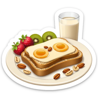 Vegetarian breakfast emoji illustration, flat iOS emoji style, toast, fruits, oatmeal, nuts, milk, no eggs, no meat, no fish, no non-vegetarian food, clean white background.” sticker