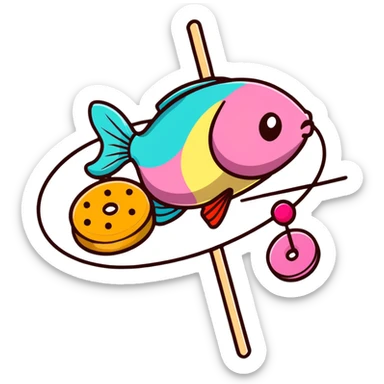 A cute arrangement of fish cake with pink swirl, rice cracker, and tri-colored dango skewer as a Japanese snack trio sticker