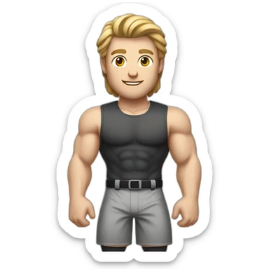 To belt Actively gesturing with hands Pale skinned Fit Man With the biceps and light brown hair in dark gray Sleeveless Mike, black oversize sports shorts and white Sneakers sticker