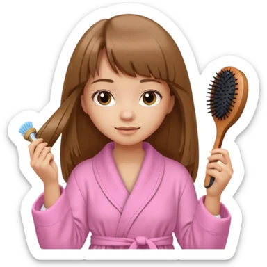 a girl with light skin and medium brown long hair with bangs who is brushing her hair with a hairbrush and she is wearing a light pink bathrobe sticker
